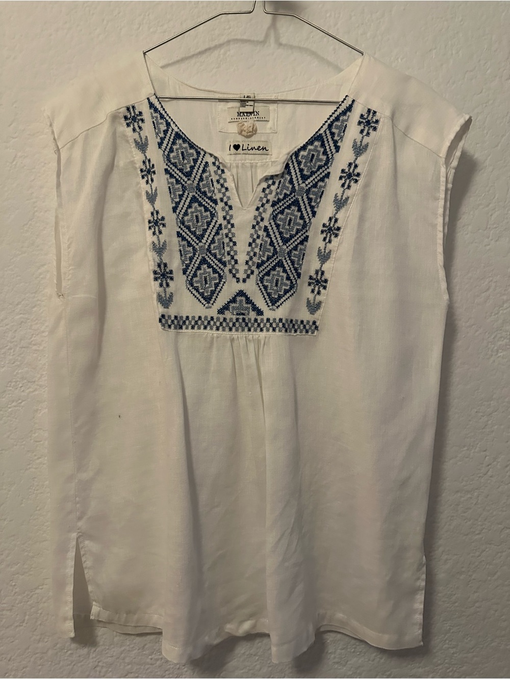 White Linen Embroidered Split-Neck Top - Blue Accent